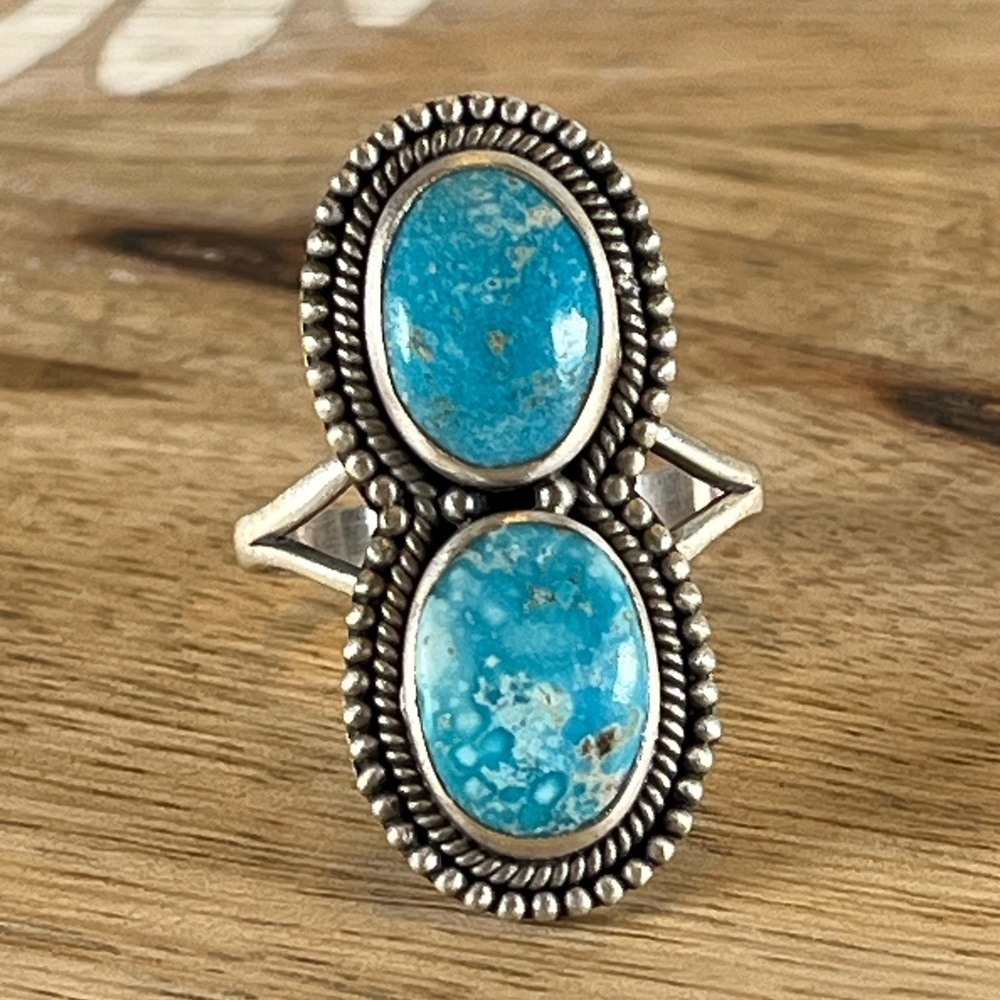 Solid 925 Sterling Silver Blue Ridge Turquoise Double Gemstone Ring Size 9